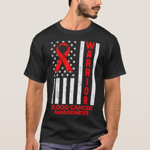 Cancer Awareness Warrior American Flag Red Ribbon  T_Shirt