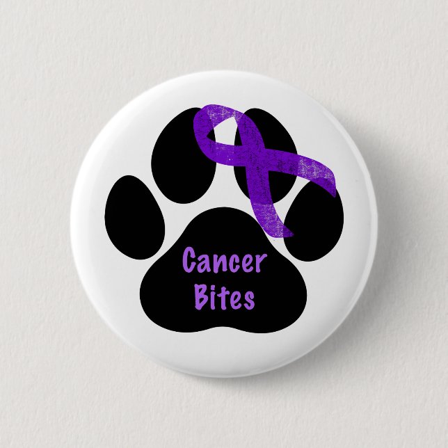 Cancer Bites Dog Paw Purple Ribbon Lymphoma Cancer Button (Front)