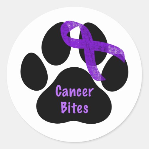 Cancer Bites Dog Paw Purple Ribbon Lymphoma Cancer Classic Round Sticker