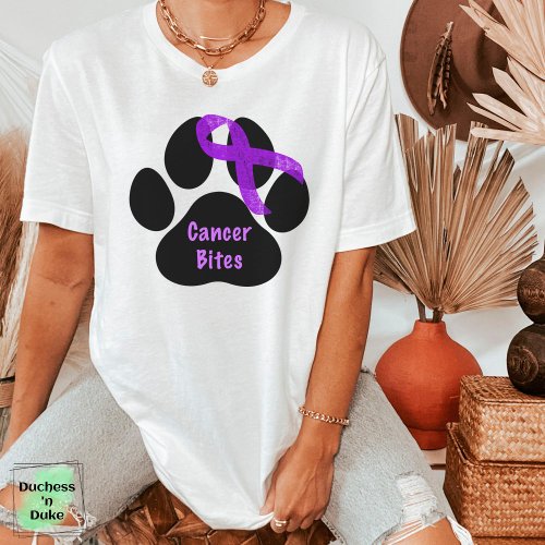 Cancer Bites Dog Paw Purple Ribbon Lymphoma Cancer T_Shirt