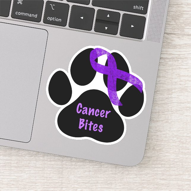 Cancer Bites Paw Print Purple Ribbon Pancreatic  Sticker (Detail)