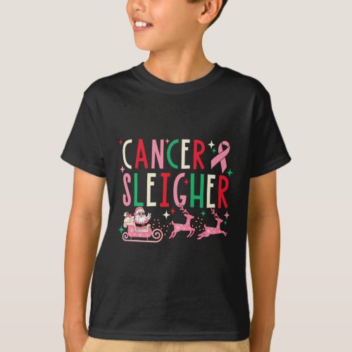 Cancer Christmas Pink Ribbon Santa Sleigh Reindeer T_Shirt