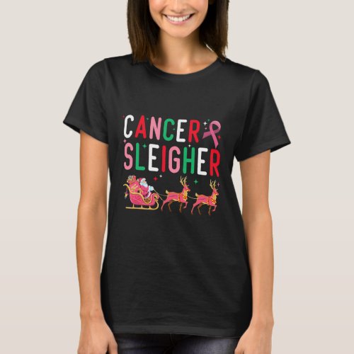 Cancer Christmas Pink Ribbon Santa Sleigh Reindeer T_Shirt