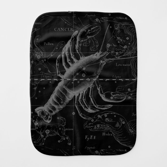 Cancer Constellation Map Black Hevelius circa 1690 Baby Burp Cloth (Front)