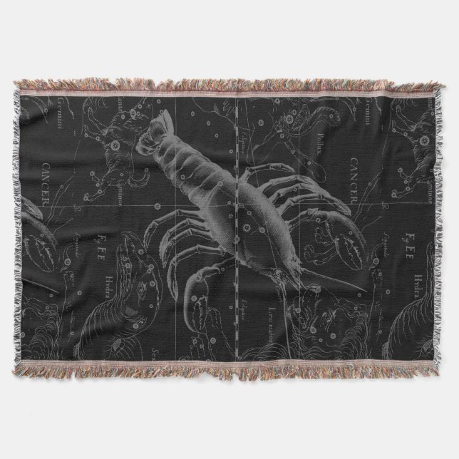 Cancer Constellation Map Black Hevelius circa 1690 Throw Blanket (Front)