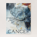 Cancer crab blue black zodiac astrology planets  jigsaw puzzle<br><div class="desc">Cancer the Crab hand drawn in black with blue and gold planets on an airy background of  gold flowers.  A unique  gift for an astrology lover or someone celebrating a birthday under the Water sign of Cancer - June 21 – July 22.</div>
