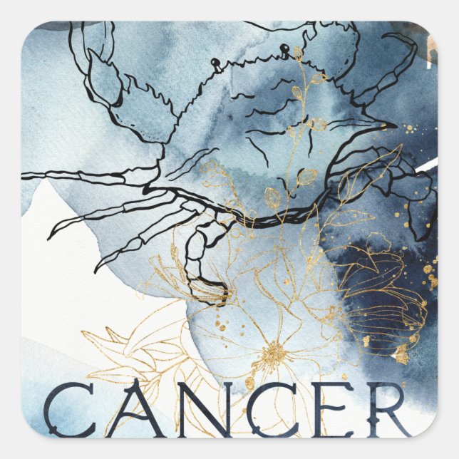 Cancer crab zodiac blue black gold text planets square sticker (Front)