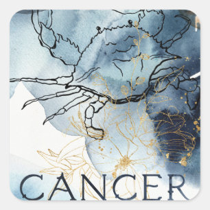 Cancer crab zodiac blue black gold text planets square sticker