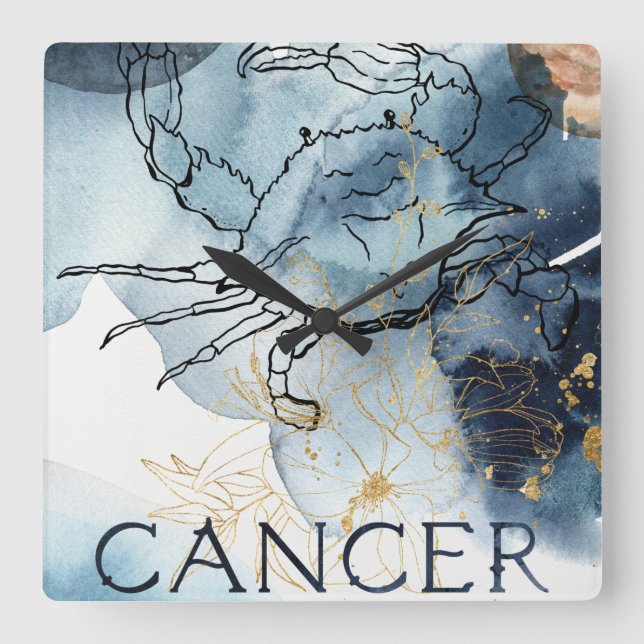 Cancer crab zodiac blue black gold text planets  square wall clock (Front)