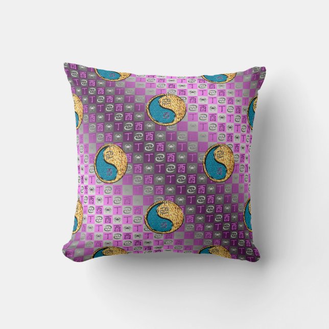 Cancer & Fire Rooster Throw Pillow (Front)