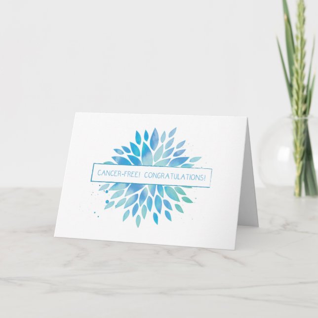 Cancer Free Celebration, Blue, Teal Watercolor Flo Card (Front)