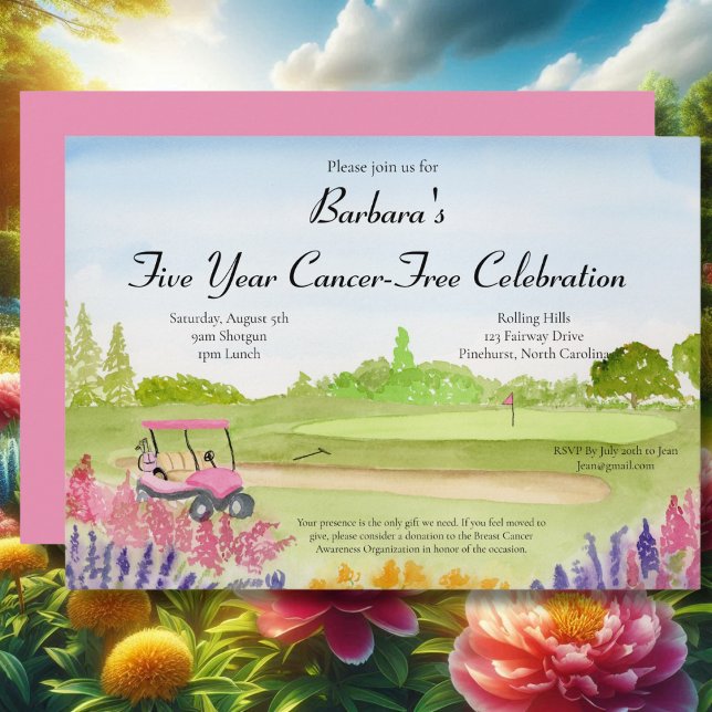 Cancer Free Celebration Pink Golf Cart Golf Course Invitation (Creator Uploaded)