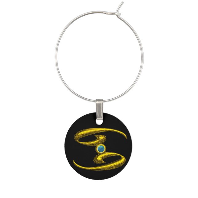 CANCER GOLD ZODIAC BIRTHDAY JEWEL,BLUE OPALE Black Wine Charm (Front)