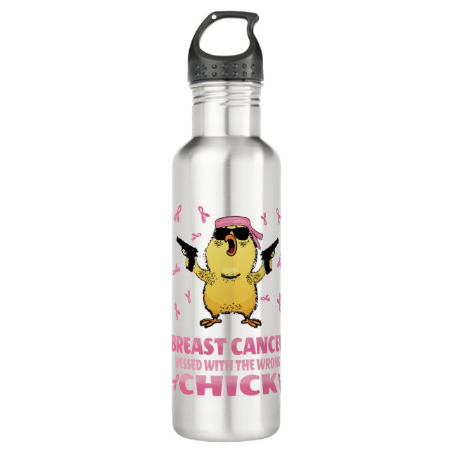 Cancer Messed With The Wrong Chick, Breast Cancer Stainless Steel Water Bottle (Front)