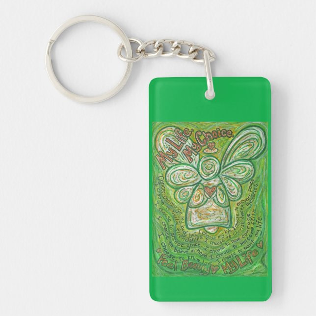 Cancer Poem Green Guardian Angel Pendant Keychain (Front)