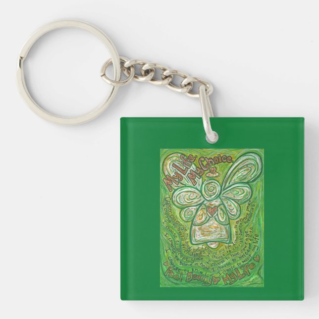Cancer Poem Green Guardian Angel Pendant Keychains (Front)