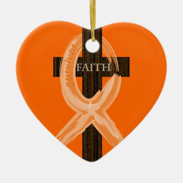 Cancer Ribbon Celebrates Faith & Remission Ceramic Ornament (Front)
