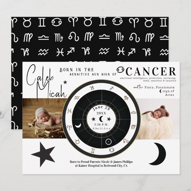 Cancer Sun & Moon Sign Zodiac Birth Announcement (Front/Back)