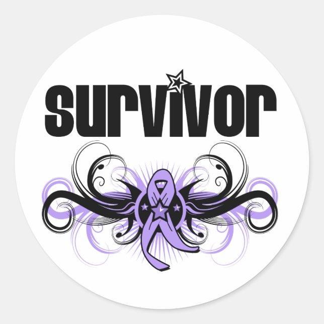 Cancer Survivor Grunge Winged Emblem Classic Round Sticker (Front)