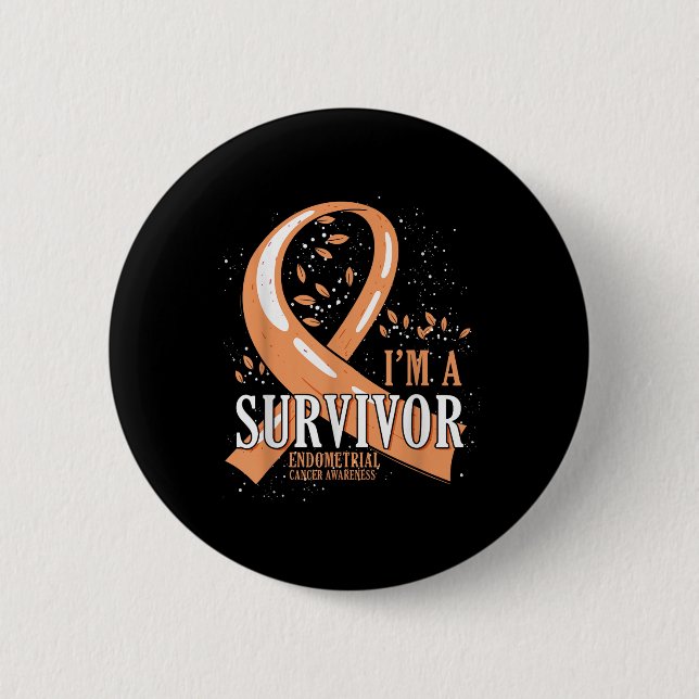 Cancer Survivor Peach Ribbon Endometrial Cancer Aw Button (Front)