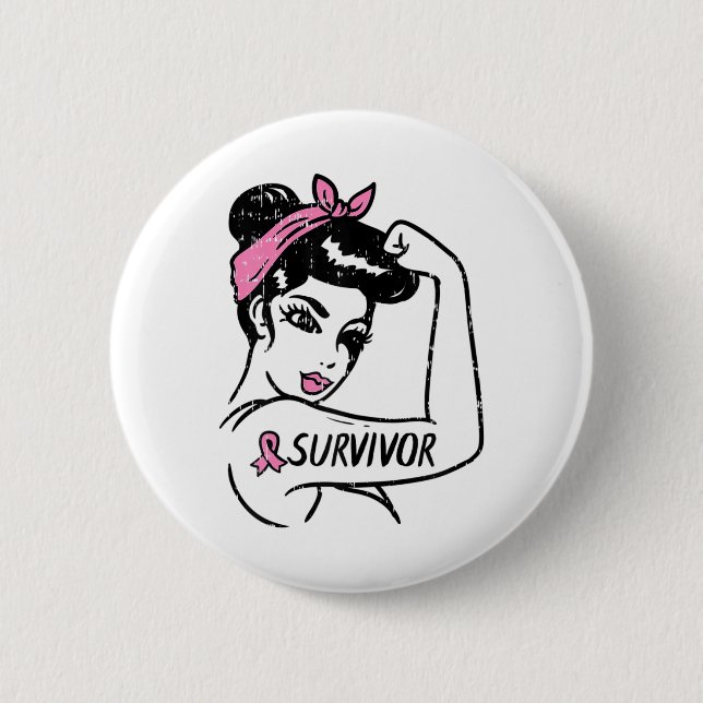 Cancer Survivor Rosie Riveter Pink Awareness Women Button (Front)