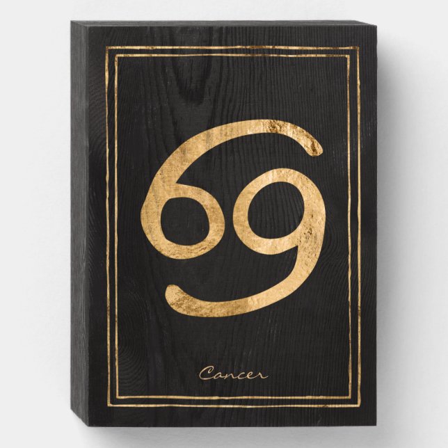 Cancer the crab hammered gold stylized astrology wooden box sign (Front Vertical)