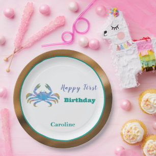 Cancer Zodiac 1st Birthday Gold & Teal Artistic Paper Plates