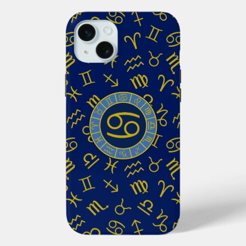 Cancer ZodiacAstrology Symbols Pattern GoldBlues iPhone 15 Plus Case