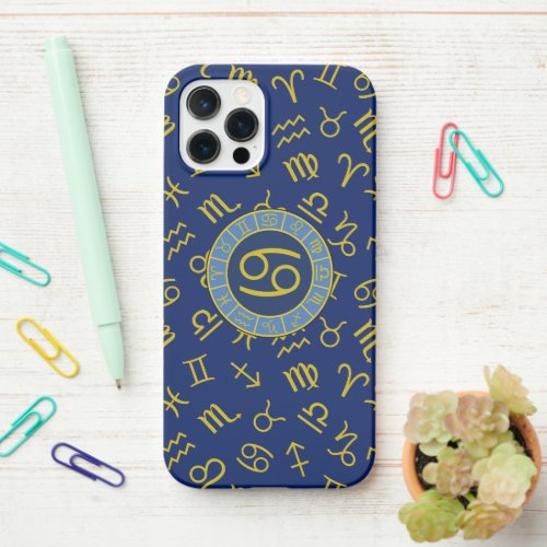 Cancer ZodiacAstrology Symbols Pattern GoldBlues iPhone 12 Pro Case