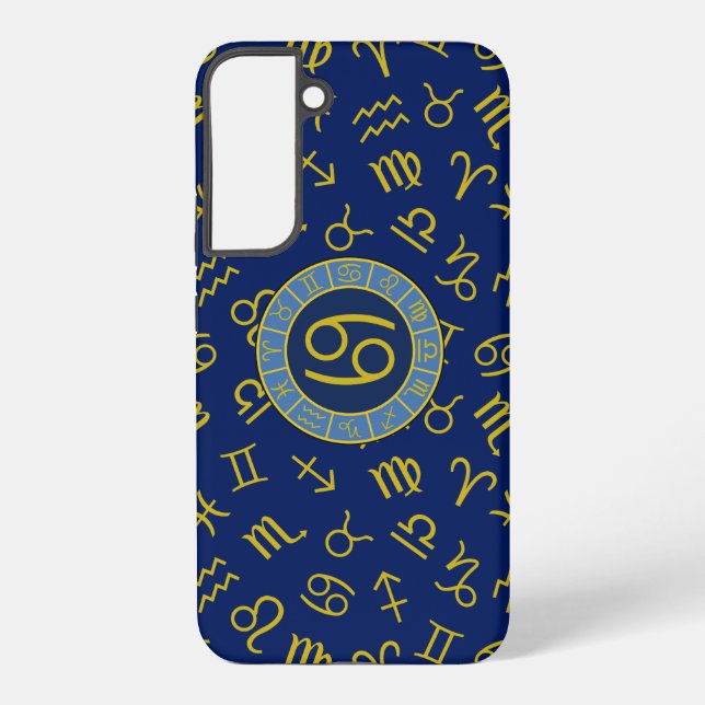 Cancer Zodiac+Astrology Symbols Pattern Gold+Blues Samsung Galaxy Case (Back)