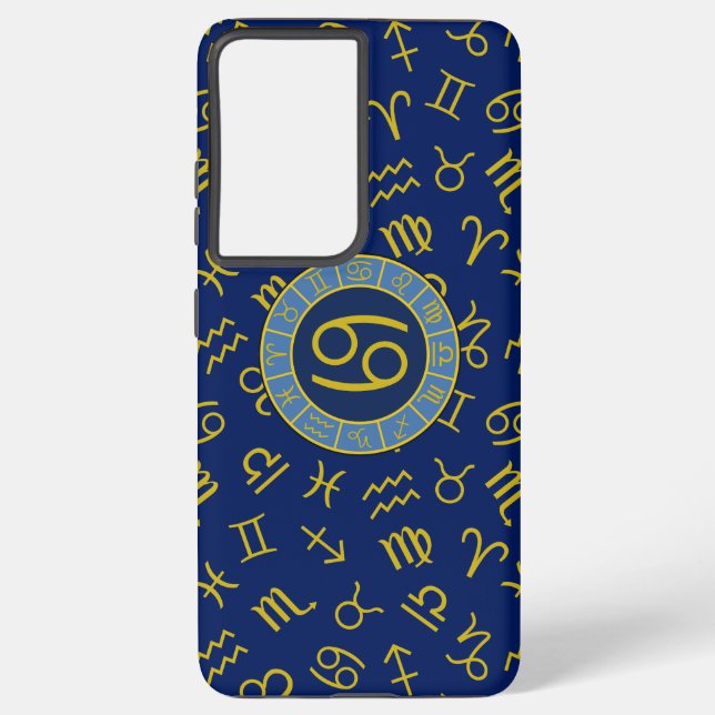Cancer Zodiac+Astrology Symbols Pattern Gold+Blues Samsung Galaxy Case (Back)