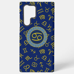 Cancer Zodiac+Astrology Symbols Pattern Gold+Blues Samsung Galaxy S22 Ultra Case