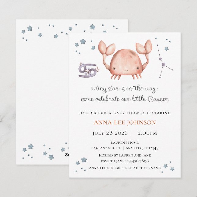 Cancer Zodiac Baby Shower Invitation (Front/Back)