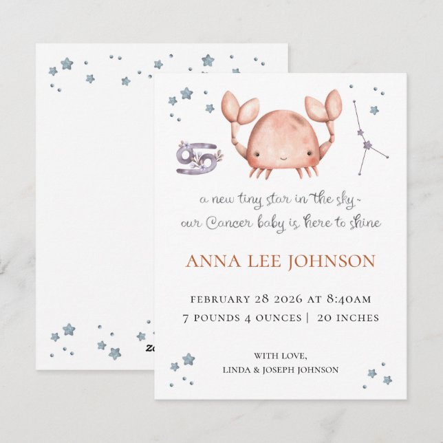 Cancer Zodiac Birth Announcement (Front/Back)