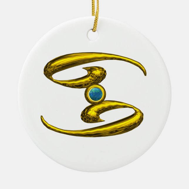CANCER ZODIAC BIRTHDAY JEWEL Blue Opale Gold Ceramic Ornament (Front)
