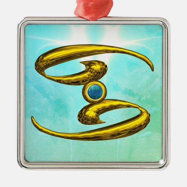 CANCER ZODIAC BIRTHDAY JEWEL Blue Opale Gold Metal Ornament (Front)