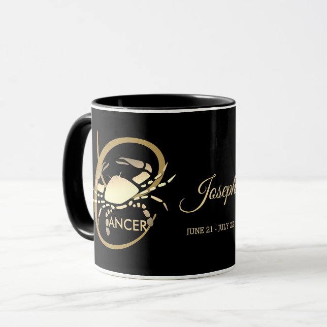 Cancer ♋ Zodiac Birthday Sign / Black and Gold Mug (Front Left)