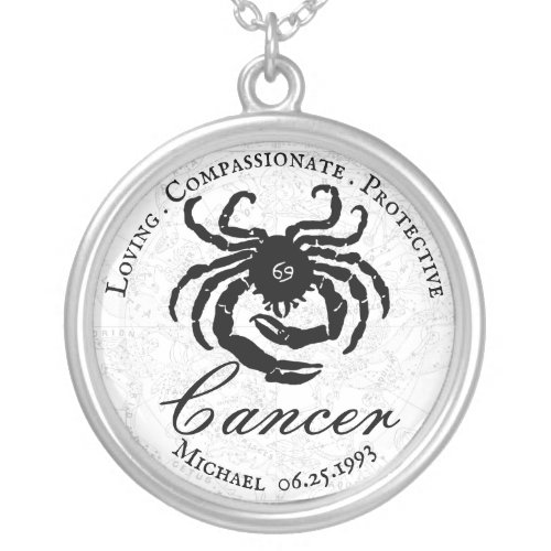 Cancer Zodiac Custom Astrology Traits Black White Silver Plated Necklace