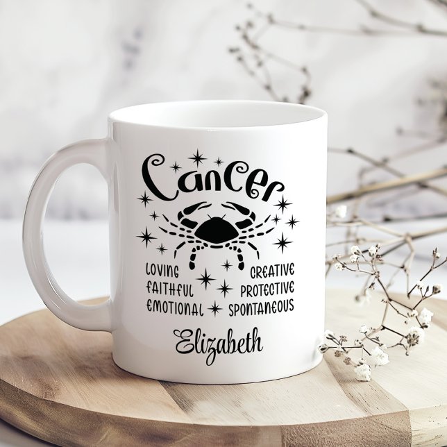Cancer Zodiac Horoscope Custom Name  Coffee Mug (Cancer Zodiac Horoscope Custom Name Coffee Mug on a sunny boho wooden kitchen table.)