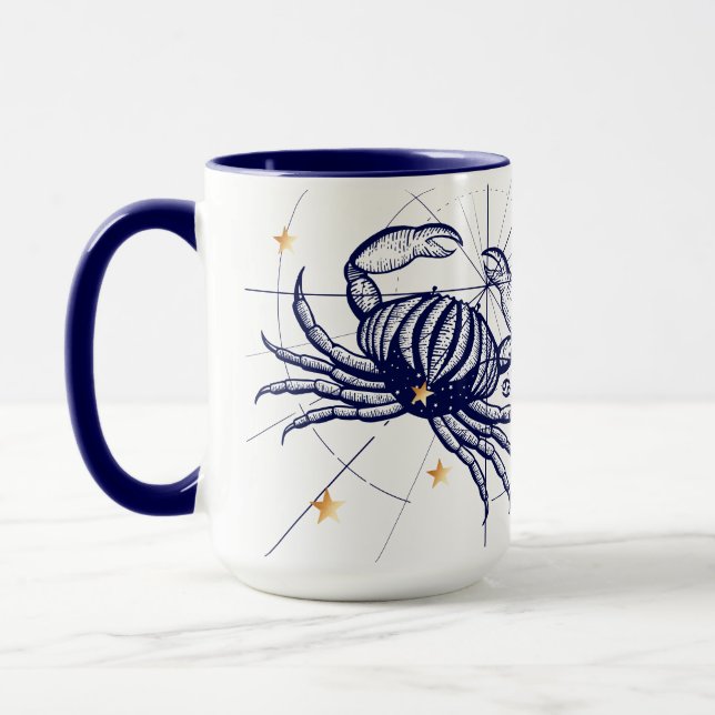 Cancer Zodiac Navy Blue & Gold Birth Mug (Left)