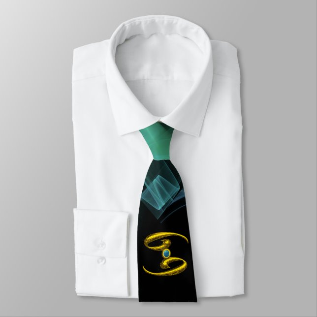 CANCER ZODIAC SIGN ,BLUE GREEN FRACTAL SWIRLS NECK TIE (Tied)
