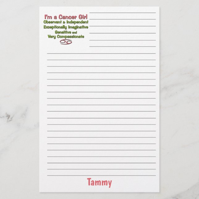 Cancer Zodiac Sign for Girls with Name Stationery (Front)