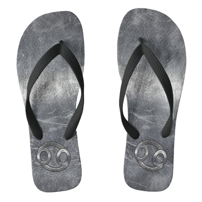 Cancer Zodiac Sign in Distressed Steel Style Flip Flops (Footbed)