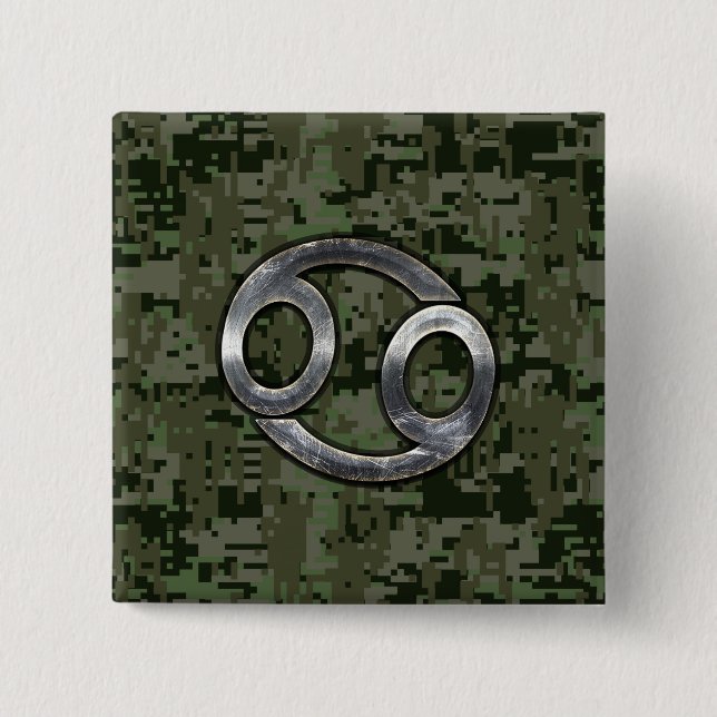 Cancer Zodiac Sign on Green Digital Camouflage Button (Front)