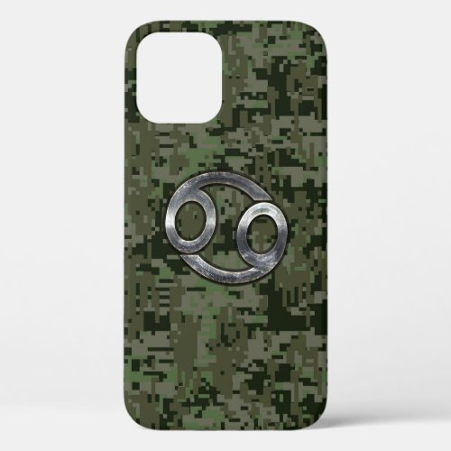Cancer Zodiac Sign on Green Digital Camouflage iPhone 12 Case