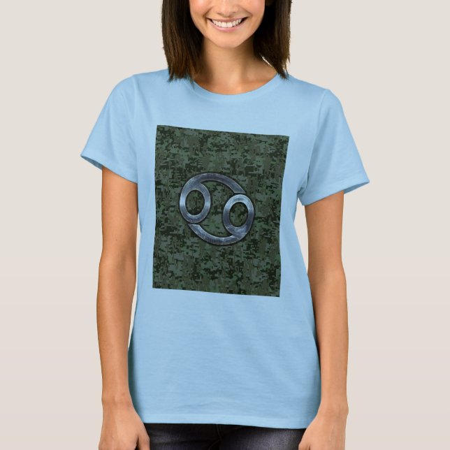 Cancer Zodiac Sign on Green Digital Camouflage T-Shirt (Front)