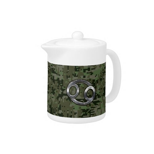 Cancer Zodiac Sign on Green Digital Camouflage Teapot