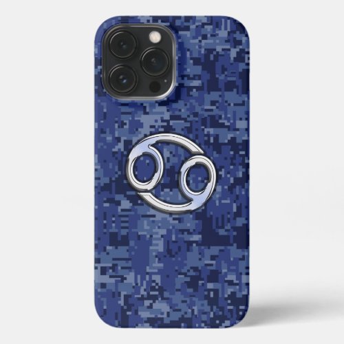 Cancer Zodiac Sign on Navy Blue Camo iPhone 13 Pro Max Case