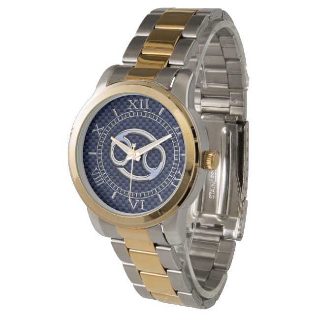 Cancer Zodiac Sign on Navy Blue Carbon Fiber Dial Watch (Angled)