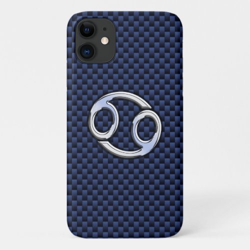 Cancer Zodiac Sign on Navy Blue Carbon Fiber Print iPhone 11 Case